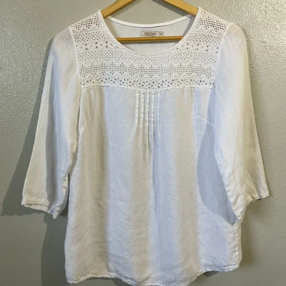 Lina Tomei Linen Pleated Lace Blouse Medium Pullover Accent Boho Cottagecore Top - Picture 2 of 15